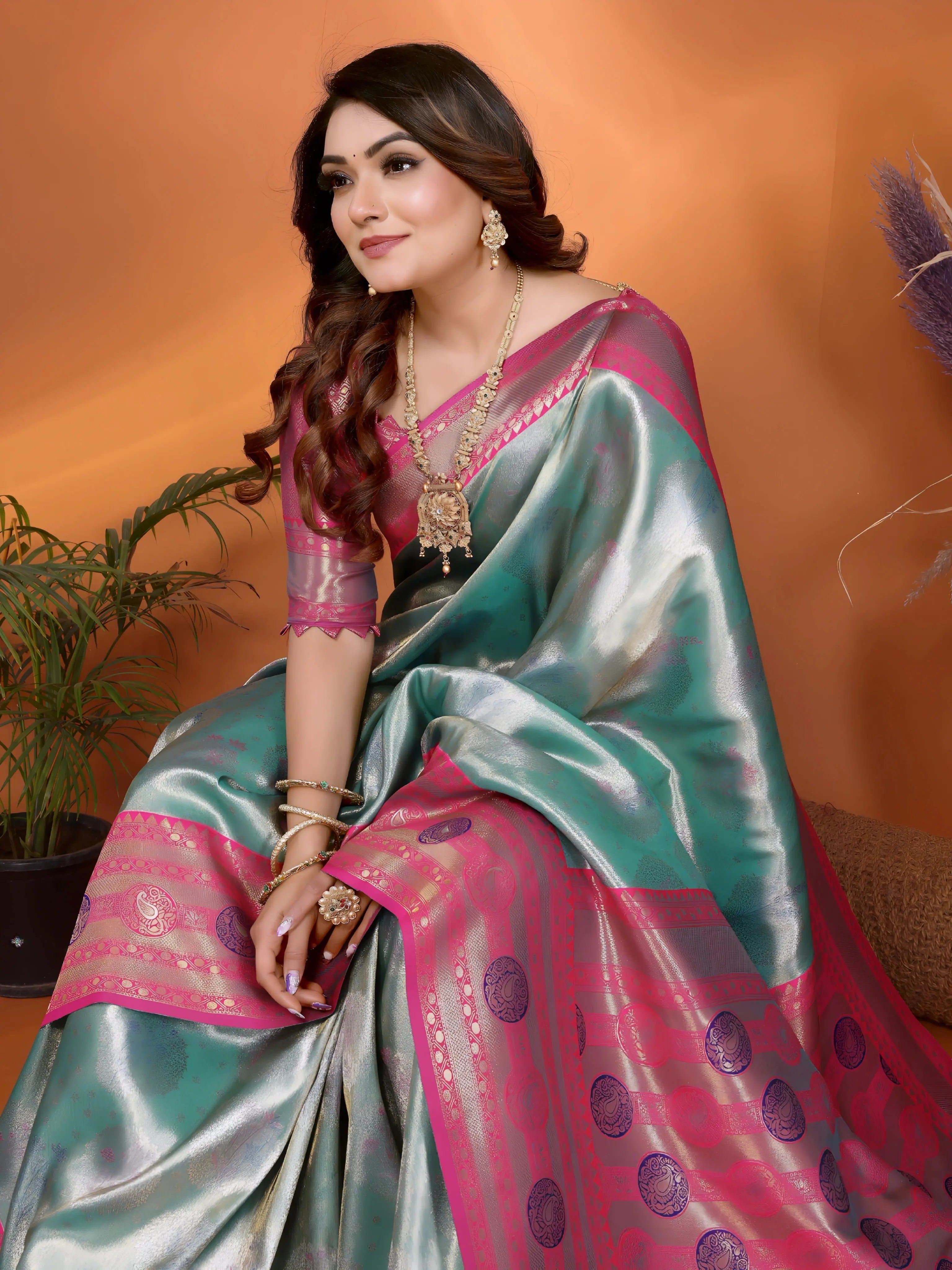 Teal & Pink Paithani Woven Banarasi Silk Saree